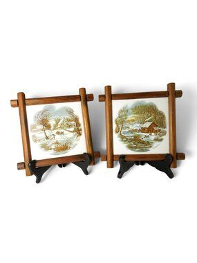 Vintage Currier & Ives Winter Tile Wall Plaques Wood Frame Set of 2